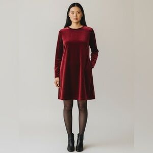 Eileen Fisher The System Velvet Crew Neck Dress Ruby Red Style F3VL2-D5144 NWT